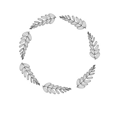 Vektör illüstrasyon. beyaz izole bitki veya çiçek veya dal yaprağı. Dekor çiçek bitki elemanı. botanik desen. metin için boşluk ile beyaz bir arka plan üzerinde izole çizgi yapraklarından yapılmış çelenk.