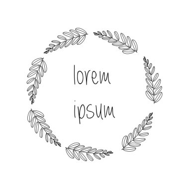 Vektör illüstrasyon. yazıt şablonu ile beyaz izole bitki veya çiçek veya dal yaprağı. Dekor çiçek bitki elemanı. botanik desen. metin için boşluk ile beyaz bir arka plan üzerinde izole çizgi yapraklarından yapılmış çelenk.