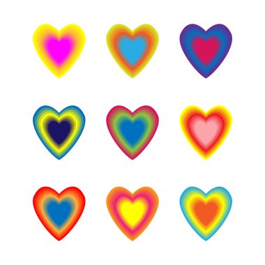Renkli karışık kalpler kümesi. Vektör illüstrasyon. Kalp seti