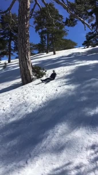 Kinder rodeln einen verschneiten Hügel hinunter. glücklicher Junge bewegt sich auf einer Schlitten, Eisscholle hinunter. Spaß im Winterurlaub. Teenager führt Hügel hinunter, Schlittenfahrt durch Schnee. — Stockvideo