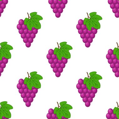 Beyaz izole karikatür üzüm ile Vektör dikişsiz desen. Parlak meyve suyu meyveleri. İllüstrasyon dergi, kitap, poster, kart, menü kapağı, web sayfaları, ambalaj kağıdı, mutfak konsepti için kullanılan