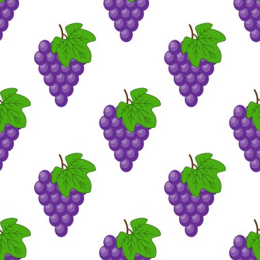 Beyaz izole karikatür üzüm ile Vektör dikişsiz desen. Parlak meyve suyu meyveleri. İllüstrasyon dergi, kitap, poster, kart, menü kapağı, web sayfaları, ambalaj kağıdı, mutfak konsepti için kullanılan