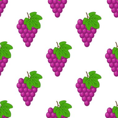 Beyaz izole karikatür üzüm ile Vektör dikişsiz desen. Parlak meyve suyu meyveleri. İllüstrasyon dergi, kitap, poster, kart, menü kapağı, web sayfaları, ambalaj kağıdı, mutfak konsepti için kullanılan