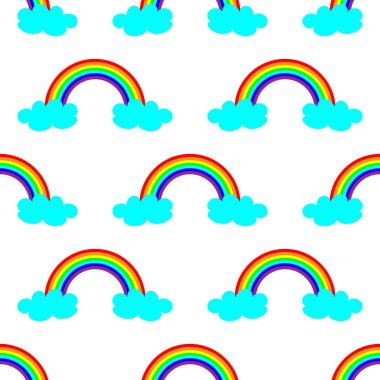 Gökkuşağı ve mavi bulutlar ile sevimli vektör çizim. Çocuk bebek için dikişsiz desen tasarım