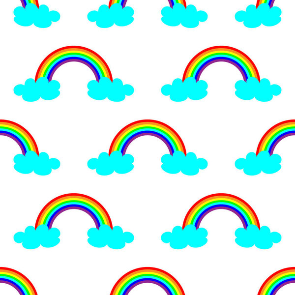 Симпатичная векторная иллюстрация с радугой и голубыми облаками. Бесшовный дизайн шаблона для ребенка

