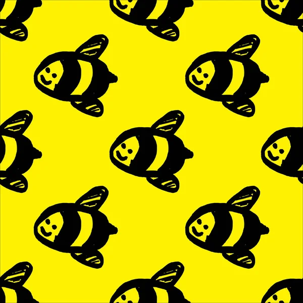 Ilustración dibujada a mano vectorial de la abeja sobre fondo amarillo. Patrón de abeja sin costura . — Vector de stock