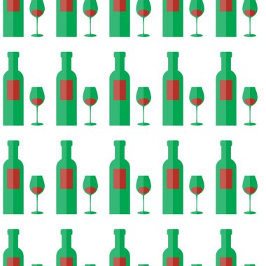 Şişe şarap ve cam Dikişsiz desen vektör örnek beyaz arka plan üzerinde.