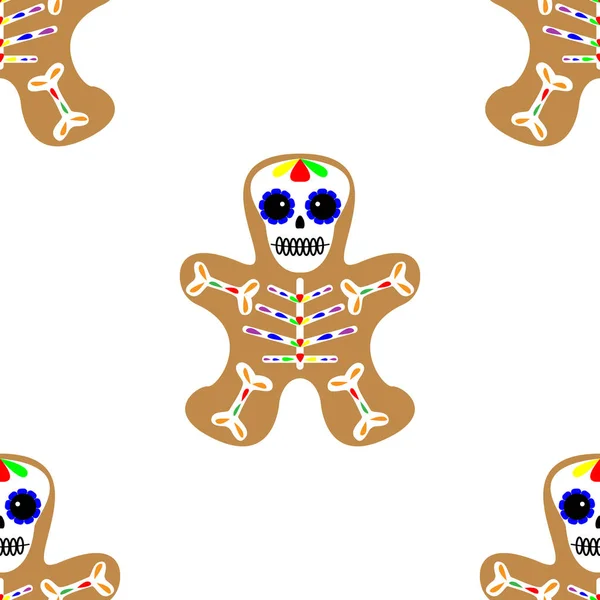 Ilustración vectorial. Patrón sin costuras. Hombre de jengibre decorado glaseado de colores. Galleta de vacaciones en forma de hombre. El día de la galleta muerta. patrón de Halloween . — Archivo Imágenes Vectoriales