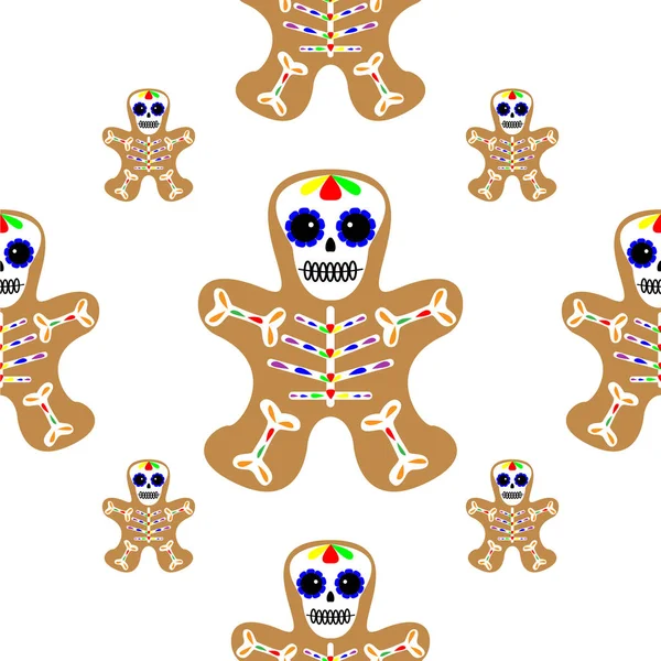 Ilustración vectorial. Patrón sin costuras. Hombre de jengibre decorado glaseado de colores. Galleta de vacaciones en forma de hombre. El día de la galleta muerta. patrón de Halloween . — Archivo Imágenes Vectoriales