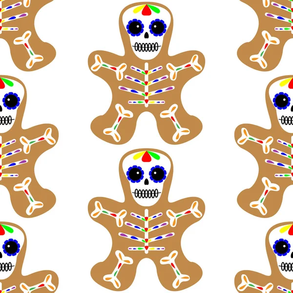 Ilustración vectorial. Patrón sin costuras. Hombre de jengibre decorado glaseado de colores. Galleta de vacaciones en forma de hombre. El día de la galleta muerta. patrón de Halloween . — Archivo Imágenes Vectoriales