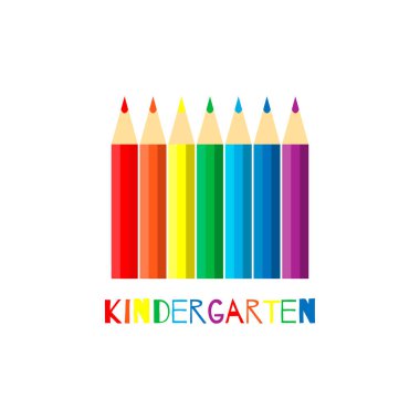 Vektör illüstrasyon. Harflerle beyaz arka plan üzerinde gökkuşağı renkli kalemler kümesi. Anaokulu için afiş. eps10