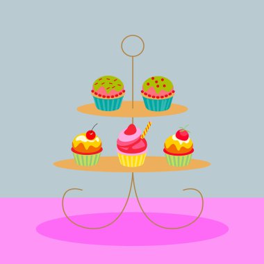 Vektör illüstrasyon. renkli arka plan üzerinde isolared kek standı üzerinde cupcakes seti. vektör tasarım şablonu. Çok katmanlı ekran standında sunulan lezzetli cupcakes ve muffins bir seçim.