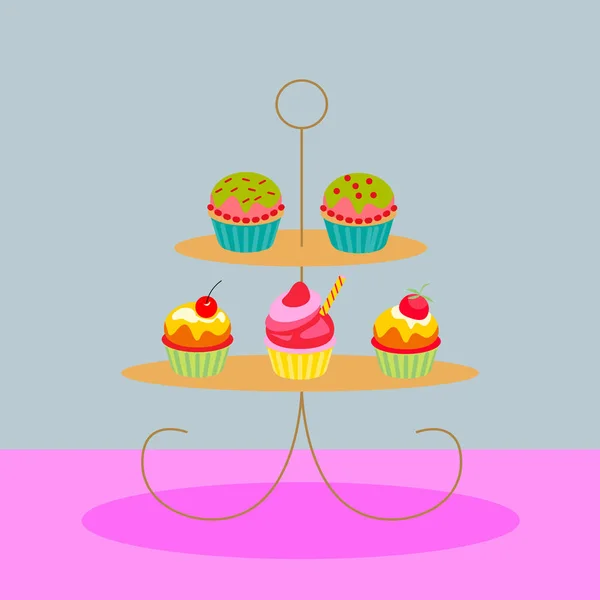 Vektorová ilustrace. sada koláčů na dortíku byla izoloval na barevném pozadí. šablony návrhu vektoru. Výběr lahodných koláčů a muffinů prezentované na vícevrstvé zobrazovací stojan. — Stockový vektor
