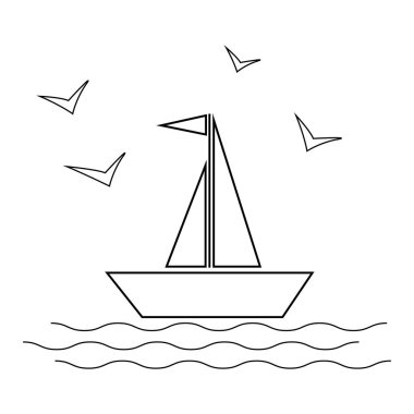 dalgalar ve martılar simge vektör illüstrasyon beyaz arka plan ile yelkenli gemi. çizgi stili