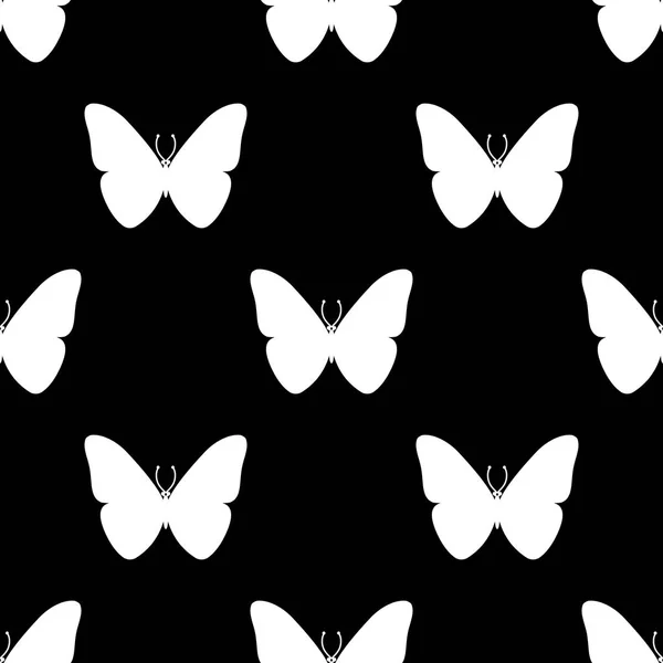 Silhouette di una farfalla. Illustrazione vettoriale su nero. Modello senza cuciture — Vettoriale Stock
