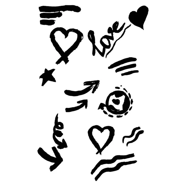 Conjunto de corazones y flechas dibujadas a mano. negro — Archivo Imágenes Vectoriales