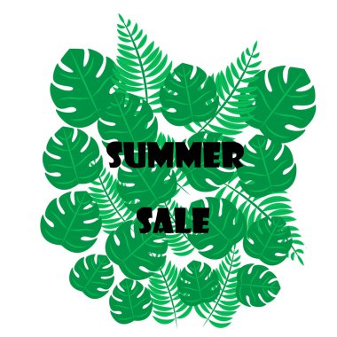 Tropikal palmiye yaprakları ve bitkiler ile vektör illüstrasyon banner tasarım şablonu. Yaz satış metni.