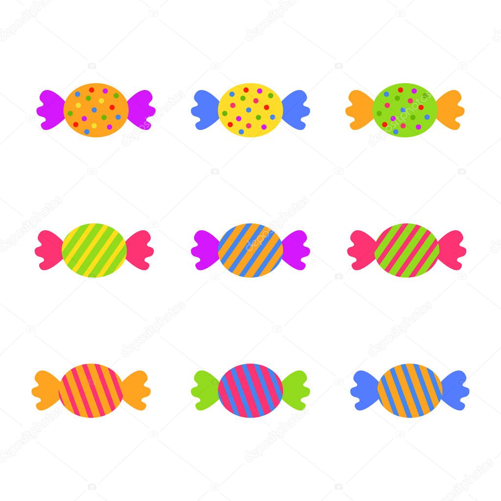 Sweet colorful candies flat icons set isolated vector illustration on white background. eps10