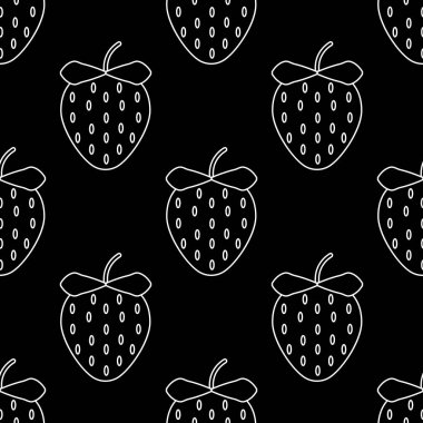 Çilek beyaz anahat Dikişsiz desen. Organik taze sağlık tatlısı. Siyah arka planda izole vektör illüstrasyon.