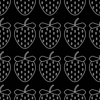 Çilek beyaz anahat Dikişsiz desen. Organik taze sağlık tatlısı. Siyah arka planda izole vektör illüstrasyon.