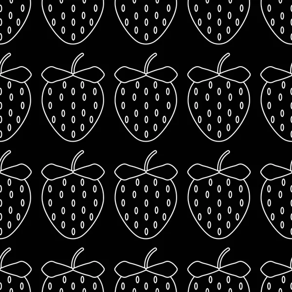 Çilek beyaz anahat Dikişsiz desen. Organik taze sağlık tatlısı. Siyah arka planda izole vektör illüstrasyon.
