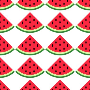 Dilim karpuz ile dikişsiz desen. Sulu meyveler ve meyveler. Afiş, ambalaj kağıdı, Duvar Kağıdı, kumaş, giyim baskı için vektör illüstrasyon. Sevimli bebek arka plan.