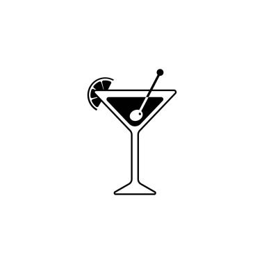 Kireç veya limon dilimi ile bir Martini cam Siyah Siluet. zeytin ve sopa ile kokteyl simgesi