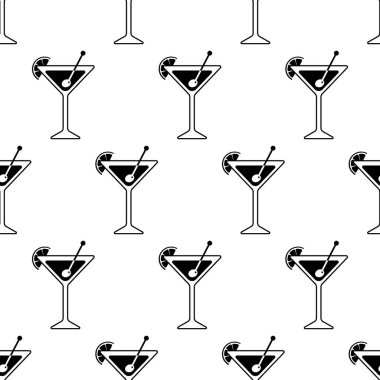 Kireç veya limon dilimi ile bir Martini cam Siyah Siluet. zeytin ve sopa ile kokteyl simgesi. Martini dikişsiz desen
