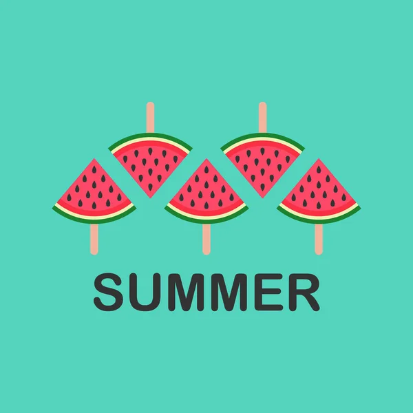 수박 비문 여름 디자인 수박 조각 스틱, 파란색 배경에 벡터 일러스트레이션. 여름 컨셉 — 스톡 벡터