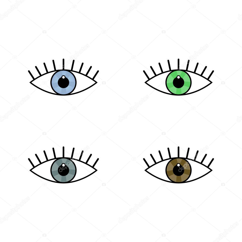 Blue brown green grey Eyes on white background. cartoon eyes. The eyes logo. Human set eyes close up vector illustration