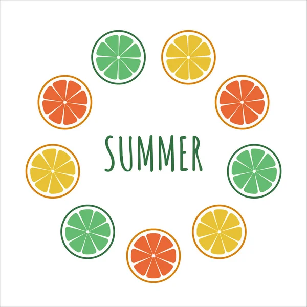 Fresh citrus fruits with circle frame. lemons, oranges, tangerines, limes and grapefruit. summer text. Vector illustration — Stock Vector