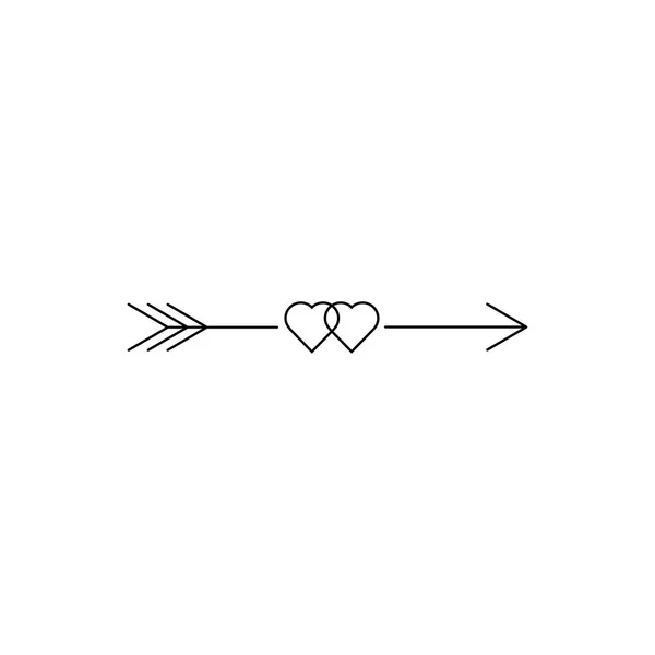 Freccia con due cuori incrociati, elemento di design per San Valentino e matrimonio, illustrazione vettoriale — Vettoriale Stock