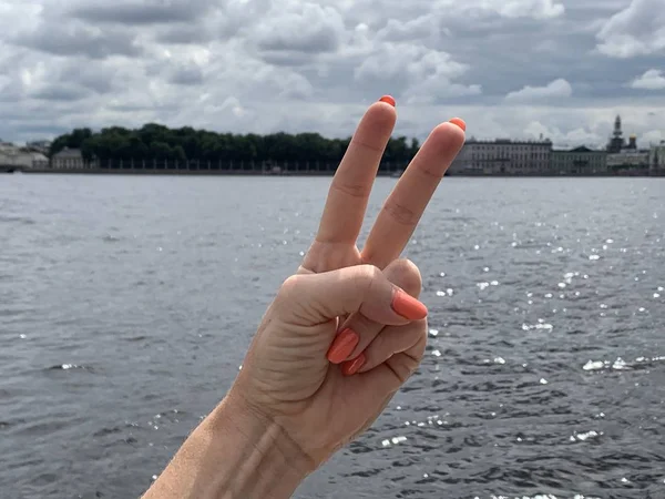 Two female fingers victory peace sign body language — Stock Photo, Image