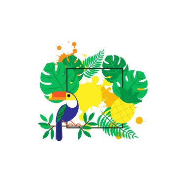 Çiçekler, palmiye yaprakları ve kuşlar ile renkli ve canlı tropikal sınır tasarımı. Vektör illüstrasyon. Kopyalama alanı