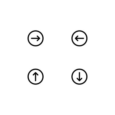 Ok Aşağı sol sağ yön vektör yuvarlak simgesi. Görüntü stili bir daire içinde düz bir simge sembolü, siyah renk, beyaz arka plan.