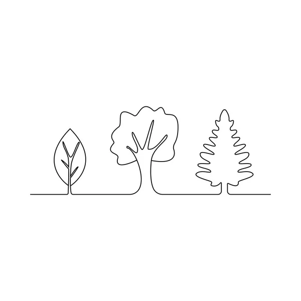 Непрерывная линия рисования деревьев на белом фоне. Векторная иллюстрация. Пейзаж значок. Лесной пейзаж. березовый дуб и ель. Легкие планеты. знак леса, символ — стоковый вектор