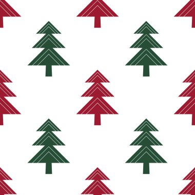 Beyaz arka planda yeşil ve kırmızı geometrik Noel ağacı ile Kış vektör dikişsiz desen.