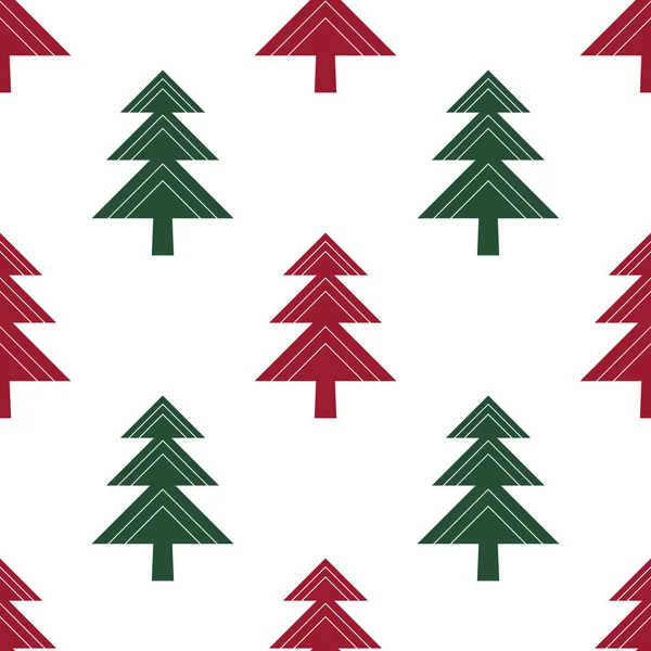 Patrón sin costura vector de invierno con árbol de Navidad geométrico en verde y rojo sobre fondo blanco . — Vector de stock