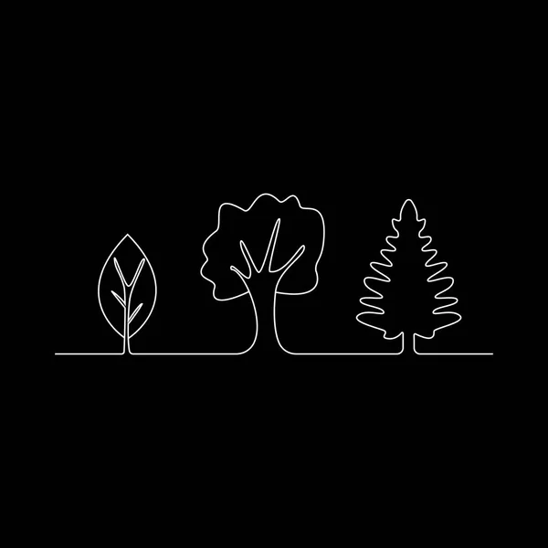 Непрерывная линия, рисующая силуэт белых деревьев на черном фоне. Векторная иллюстрация. Пейзаж значок. Лесной пейзаж. березовый дуб и ель. Легкие планеты. знак леса, символ — стоковый вектор