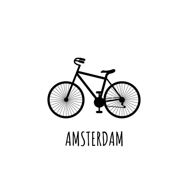 Black silhouette Bicycle with inscription Amsterdam. Most common transport in Amsterdam. Can be used for postcards and tourist booklets, logo Vector illustration. — Stock Vector