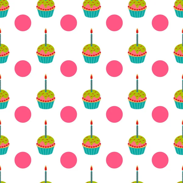 可爱的生日蛋糕无缝图案与粉红圆点矢量插图. — 图库矢量图片