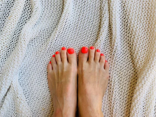 Closeup Photo Beautiful Female Feet Red Pedicure Isolated White — Stock Photo, Image