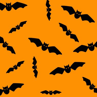Cadılar Bayramı sembolü Uçan yarasaların şekli. Turuncu arka planda siyah yarasalar. Siluet. Çizgi film. Vektör illüstrasyonu.