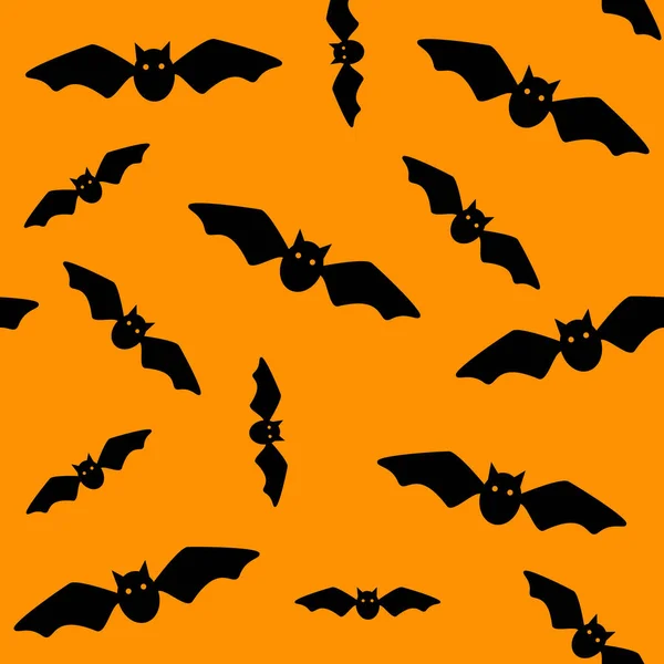 Halloween Symbol Seamless Pattern Flying Bats Black Bats Orange Background — Stock Vector