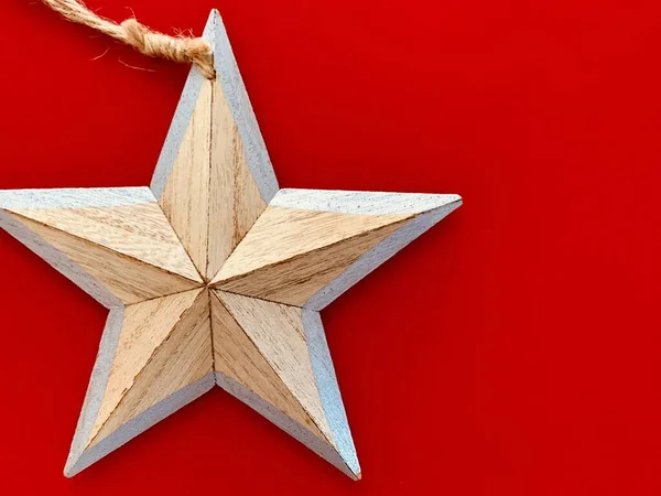 Background Wooden Christmas Decoration Star Red Background Space Text — Stock Photo, Image