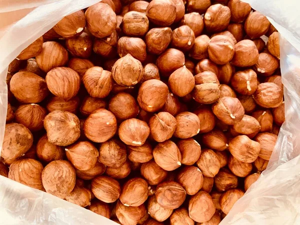 Fresh Whole Hazelnuts Open Plastic Bag Soft Focus — Stock Photo, Image