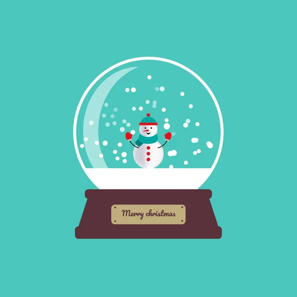 Frohe Weihnachten Glaskugel, Globus mit Schneemann und Schneeflocken. Vektorabbildung auf blauem Hintergrund. — Stockvektor