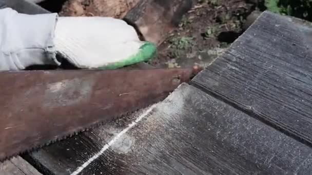 Trabajador Con Guantes Sierra Tablas Con Una Sierra Manual Vista — Vídeos de Stock