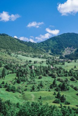Dağlardaki Gürcü köyü, Svaneti. Svan Kuleleri. Terk edilmiş eski bir köy. Yüksek yeşil dağların arasında..