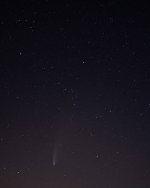 Kara yıldızlı gökyüzünde Neowise Kuyruklu Yıldızı. Gece gökyüzü, uzay. Geceleri kuzey yarımkürenin gökyüzü, çeşitli takımyıldızlar, kuyruklu yıldızlar ve kozmik gök cisimleri..